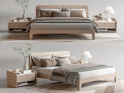 Minimalist Wooden Double Bed With Pillows Nightstands Table Lamps And Rug 3d model