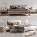 Minimalist Wooden Double Bed With Pillows Nightstands Table Lamps And Rug