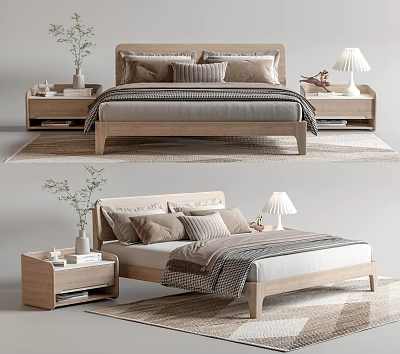 Minimalist Wooden Double Bed With Pillows Nightstands Table Lamps And Rug 3d model