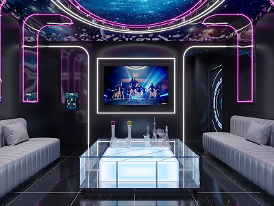 Modern KTV Lounge With Neon Decor Starry Ceiling TV Screen And Glass Coffee Table 3d model