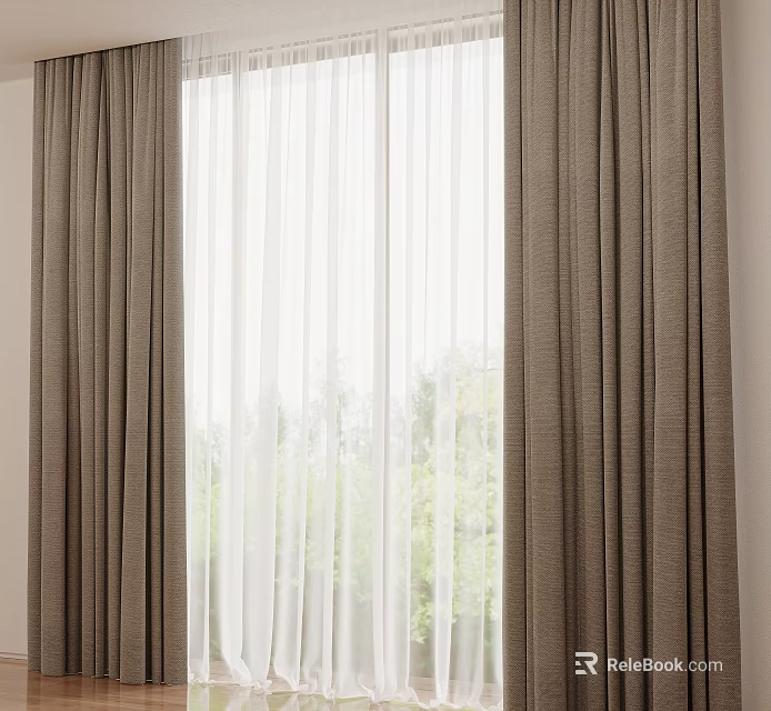 Modern Textured Brown Curtains With White Sheer Panels In Bright Room And Greenery View 3d model 