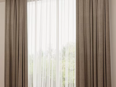 Modern Textured Brown Curtains With White Sheer Panels In Bright Room And Greenery View 3d model