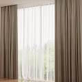 Modern Textured Brown Curtains With White Sheer Panels In Bright Room And Greenery View