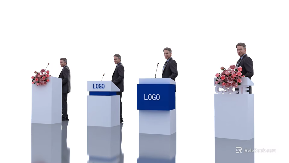 Four White Functional Desks With Blue LOGO Signs Men In Suits And Pink Flower Bouquet 3d model 