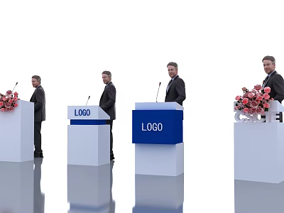 Four White Functional Desks With Blue LOGO Signs Men In Suits And Pink Flower Bouquet 3d model