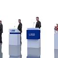 Four White Functional Desks With Blue LOGO Signs Men In Suits And Pink Flower Bouquet