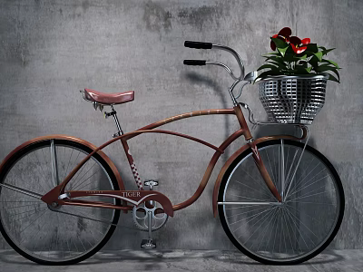Vintage Brown Bicycle with Front Basket Holding Red Flowers Against Gray Textured Wall 3d model