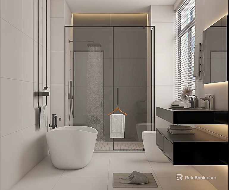 Modern Bathroom Interior With Freestanding Bathtub Open Shower White Tiles And Black Countertop 3d model 