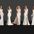 Five Women In White Dresses With Different Designs Off Shoulder And Slit Against Black Background
