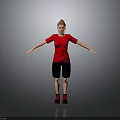 Woman In Red T Shirt Black Shorts Red Sneakers With Arms Outstretched Against Gray Background
