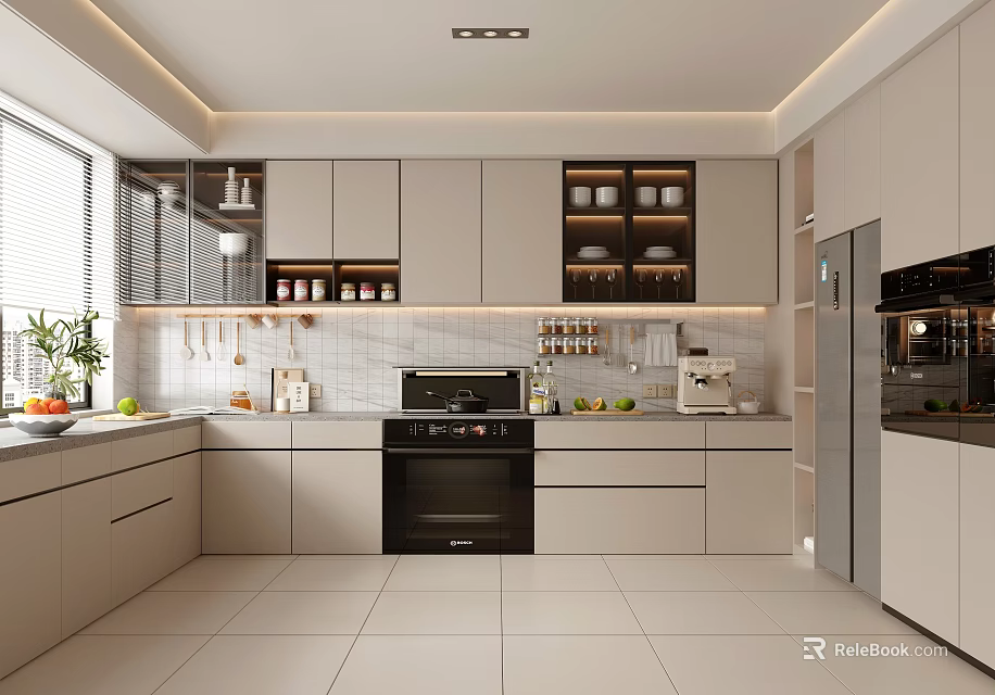 Modern Kitchen Interior With White Cabinets Black Oven Tiled Backsplash And Open Shelves 3d model 
