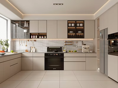 Modern Kitchen Interior With White Cabinets Black Oven Tiled Backsplash And Open Shelves 3d model