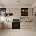 Modern Kitchen Interior With White Cabinets Black Oven Tiled Backsplash And Open Shelves