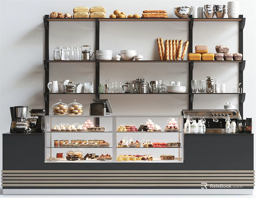 Modern Cafe Reception Counter With Bread Pastries Display Case And Coffee Equipment On Shelves 3d model 
