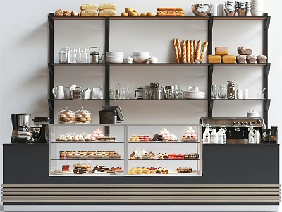 Modern Cafe Reception Counter With Bread Pastries Display Case And Coffee Equipment On Shelves 3d model
