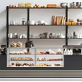 Modern Cafe Reception Counter With Bread Pastries Display Case And Coffee Equipment On Shelves