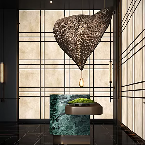 Modern hotel lobby front desk lobby installation decorative lights moss potted plants 3d model