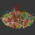 Rustic Tree Stump Scene With Axe Green Plants Grass And Stones
