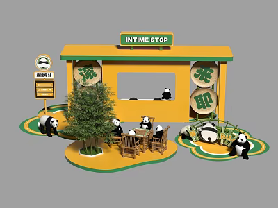 INTIME STOP Pavilion Scene with Pandas Tea Elements Tables Chairs and Tree 3d model
