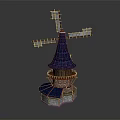 Cartoon Style Windmill Building With Blue Roof Wooden Blades And Stone Base