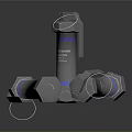 Three Silver Cylindrical Explosive Weapon With Blue Rings And Lanyard 3d model