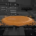Floating Orange Cubes Irregular Shape Decorative Art With Gray Urban Background And Geometric Lines