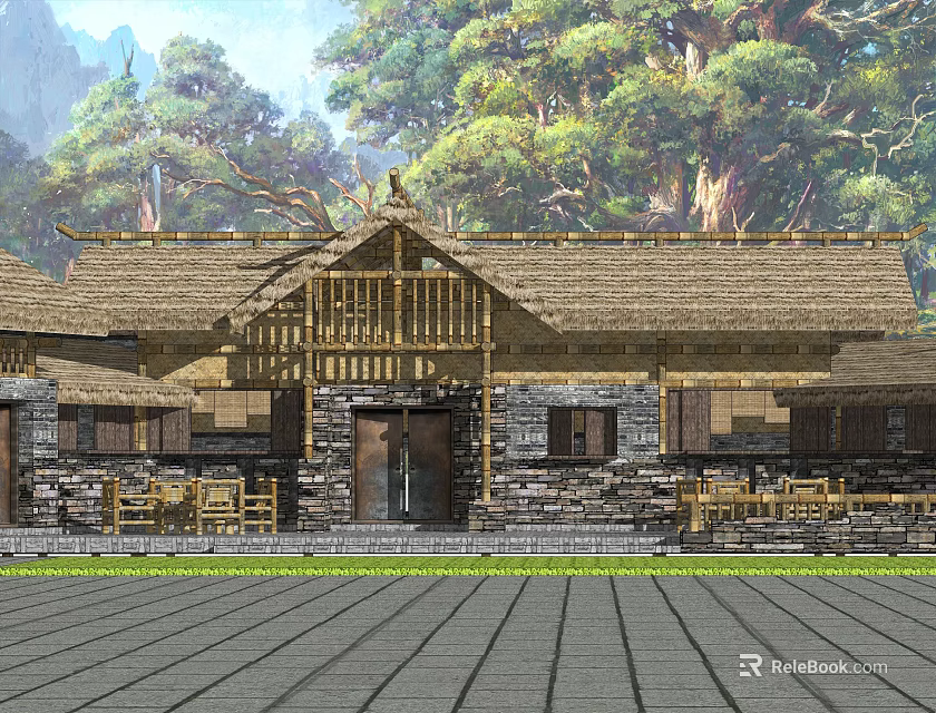 Ancient Architecture With Traditional Roof Wooden Structure Stone Walls Surrounded By Trees 3d model 