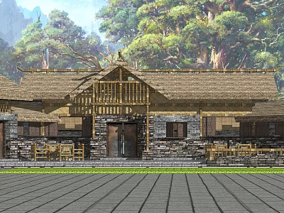 Ancient Architecture With Traditional Roof Wooden Structure Stone Walls Surrounded By Trees 3d model