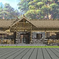 Ancient Architecture With Traditional Roof Wooden Structure Stone Walls Surrounded By Trees