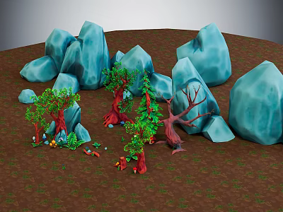 Whimsical Cartoon Scene With Blue Rocks Red Trunk Trees Green Leaves Brown Ground Colorful Details 3d model