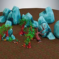 Whimsical Cartoon Scene With Blue Rocks Red Trunk Trees Green Leaves Brown Ground Colorful Details