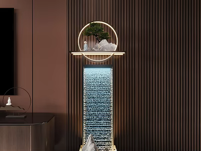 Modern Decorative Ornament Set With Golden Circular Frame Waterfall Feature And Mini Plant In Interior 3d model