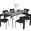 Modern Dining Table Set With Marble Top Black Frame And Six Gray Cushioned Chairs 3d model