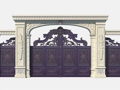 Ornate Classic Entrance Gate With Intricate Wrought Iron Carvings And Stone Pillars 3d model