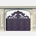 Ornate Classic Entrance Gate With Intricate Wrought Iron Carvings And Stone Pillars