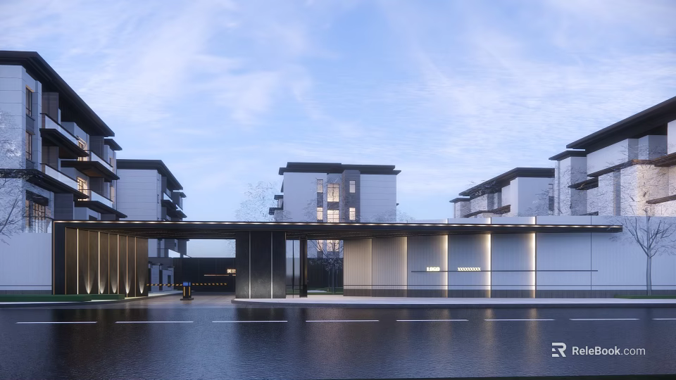 Modern Entrance Gate Architectural Design With Water Surface Surrounding Buildings And Evening Lighting 3d model 