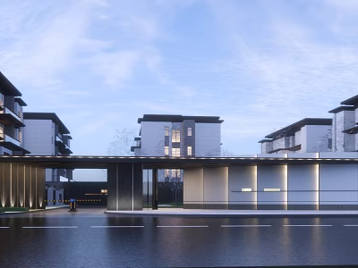 Modern Entrance Gate Architectural Design With Water Surface Surrounding Buildings And Evening Lighting 3d model