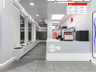Modern Bright Milk Tea Shop Interior With White Counter Menu Board And Seating Area 3d model