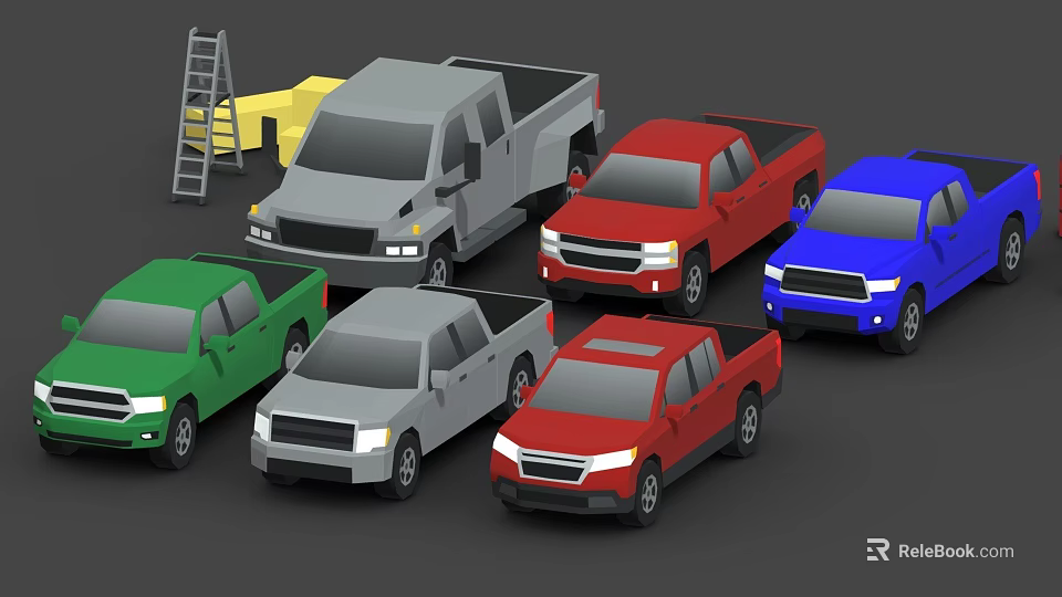 Colorful Collection Of Pickup Trucks With Red Green Blue And Gray 3d model 