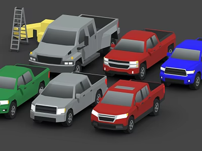 Colorful Collection Of Pickup Trucks With Red Green Blue And Gray 3d model