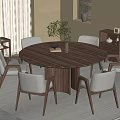 Modern Round Wooden Dining Table Set With Chairs Rug Cabinet Plant And Window Curtains