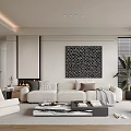 Modern Living Room Interior With Beige Sofa Coffee Table Black Decorative Painting And White Armchair