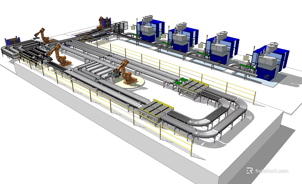 Automated Production Line With Robotic Arms Conveyor Belts And Blue Machinery 3d model 