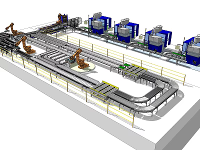 Automated Production Line With Robotic Arms Conveyor Belts And Blue Machinery 3d model