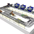 Automated Production Line With Robotic Arms Conveyor Belts And Blue Machinery