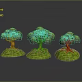 Three Green Decorative Trees With Lush Canopies And Exposed Roots On Grass Base
