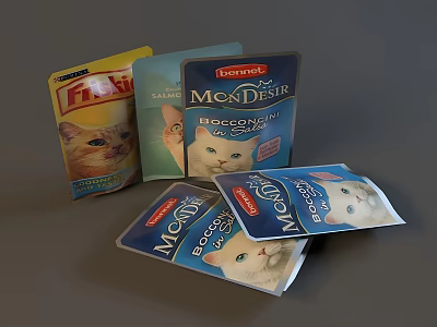 Various Brands Cat Food Pouches With Flavor Labels And Cat Images On Packaging 3d model