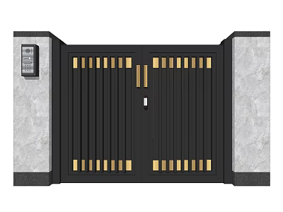 Black Entrance Gate with Golden Accents Flanked by Gray Stone Pillars and Access Control Panel 3d model