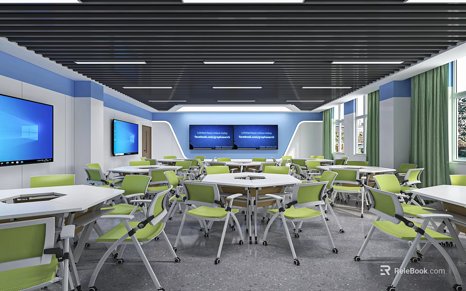 Modern School Classroom With Green Chairs White Tables And Large Multimedia Screens 3d model 