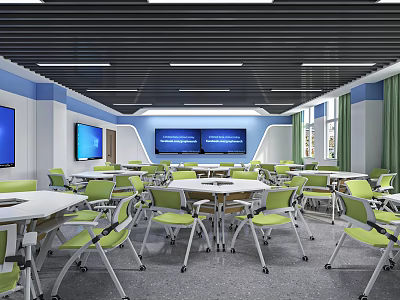 Modern School Classroom With Green Chairs White Tables And Large Multimedia Screens 3d model
